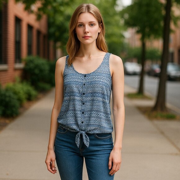 * KINA Blue Print Tie Front Tank Crop Top Blouse Ladies Juniors XS - Picture 1 of 5